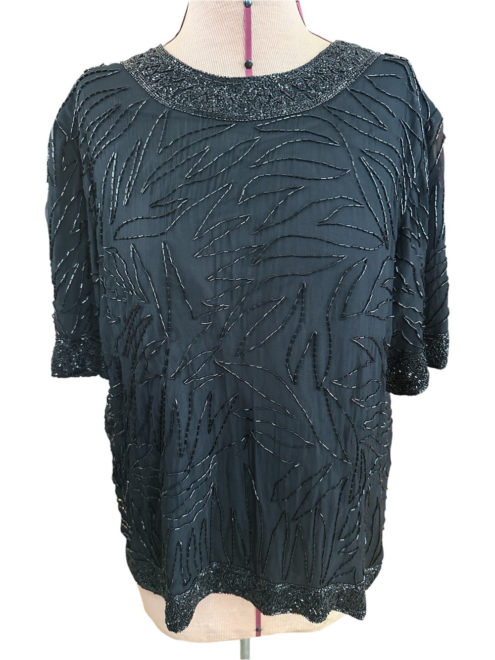 Vintage Beaded Black Short Sleeve Evening Blouse XL